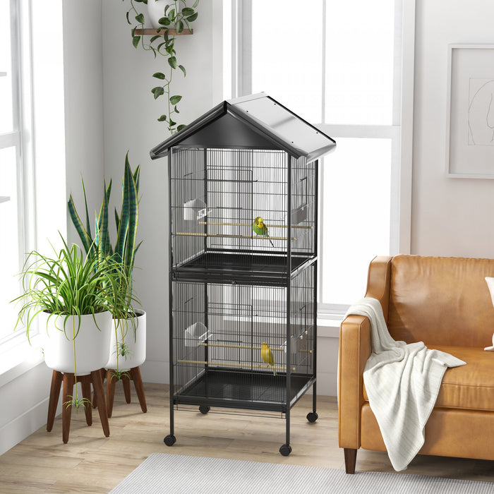 Pawhut Wrought Metal Bird Cage Feeder With Rolling Stand Perches Food Containers Doors Wheels 67\" H, Black