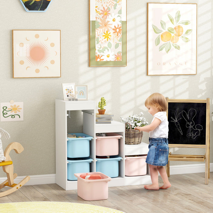 Qaba Toy Storage Organizer with 6 Plastic Bins, 3 Layers Children Toy Storage with Anti-tipping Design, for Ages 3–8 Years, Study Room, Playroom, Blue & Pink