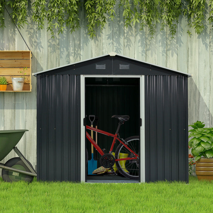 Outsunny 8' X 6' Outdoor Storage Shed, Metal Garden Tool Storage House With Lockable Sliding Doors And Vents For Backyard Patio Lawn, Charcoal Grey