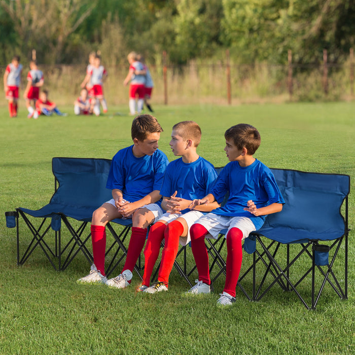 Outsunny 6 Seat Sport Bench Team Sport Camp Seat Folding Portable Outdoor Bench with Carrying Case and Cup Holder Blue