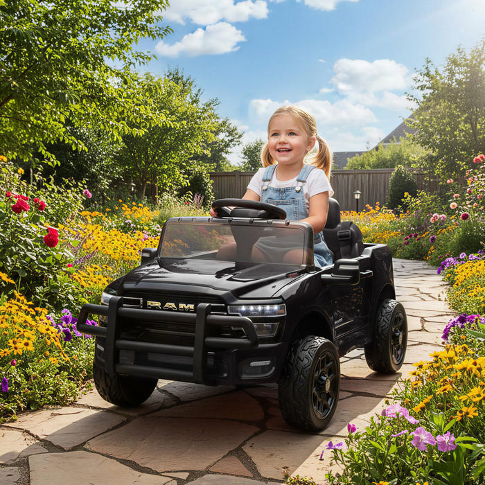 Qaba 12V Kids Car, Electric Ride on Vehicle Licensed Dodge RAM 3500 Battery Powered with Remote Control, Rear Suspension, Bluetooth, Power Display and LED Light for 3-5 Years Black