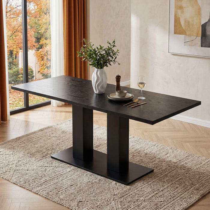 Vero 71 Inch Modern Rectangular Dining Table with Dual Pedestal Base and Black Finish, Black