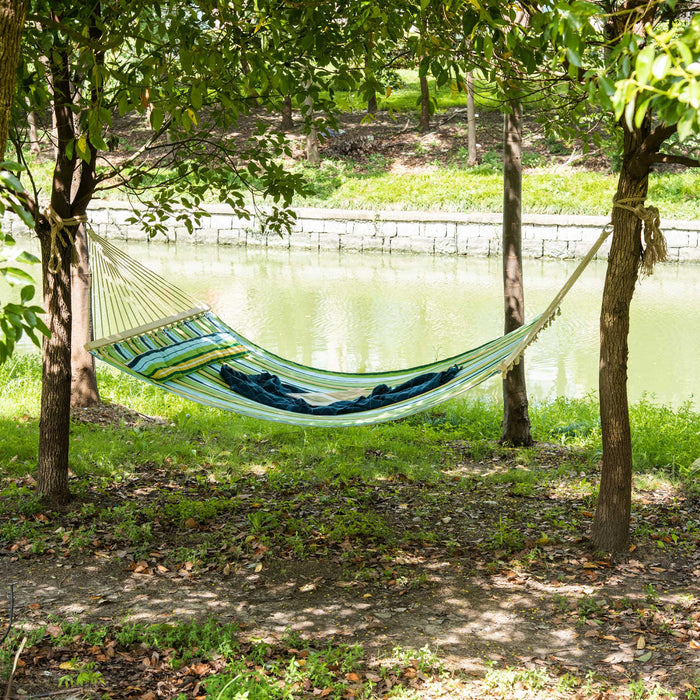 Outsunny 83\" Patio Double Hammock, Wide Outdoor Hammock Bed Striped Fits 2 People Sunbed Camping Hang Sleep W/ Pillow, White Stripe