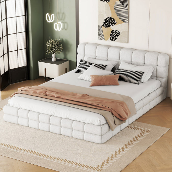 Emma Modern Upholstered Platform Bed with Comfortable Solid Wood,Queen Size,White Queen Bed