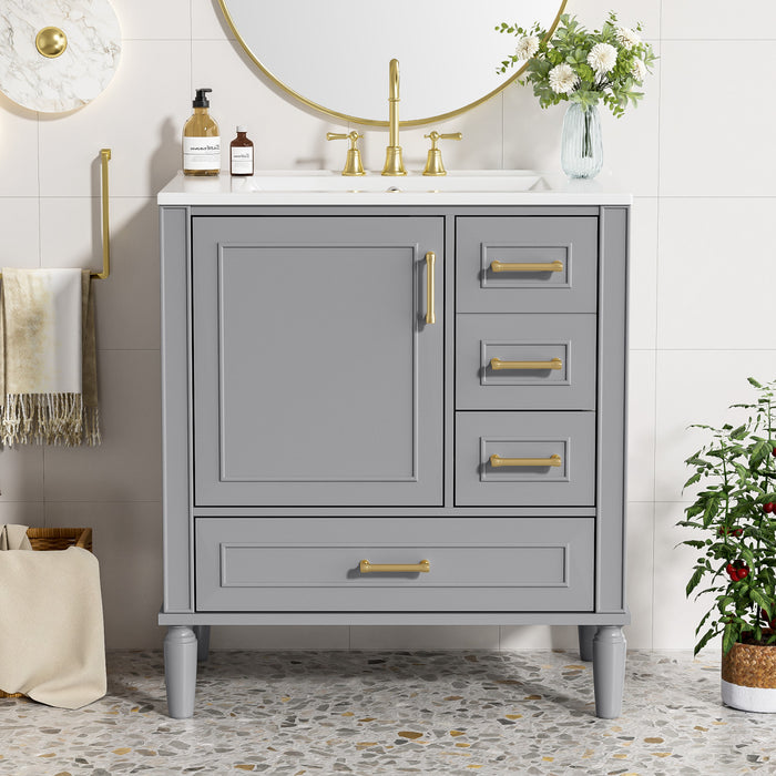 Emerson 30 Inch Bathroom Vanity with Ceramic Sink and Three Drawers, Grey