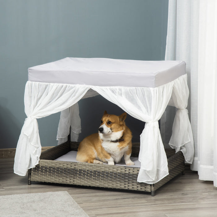 Pawhut Wicker Dog House For Indoor Outdoor, Elevated Pet Sofa, Rattan Cat Bed For Garden Patio, Weatherability Roof For Medium-sized Dogs, Grey