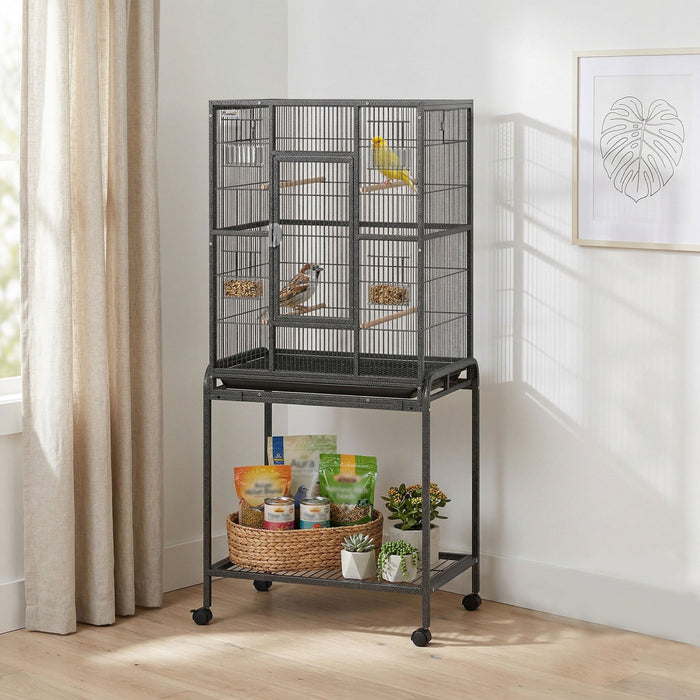 PawHut 56\" Large Bird Cage, Rolling Metal Parrot Cage, Bird House with Detachable Rolling Stand, Storage Shelf, Wood Perch, Food Container, 25\" x 17\" x 56\", Black