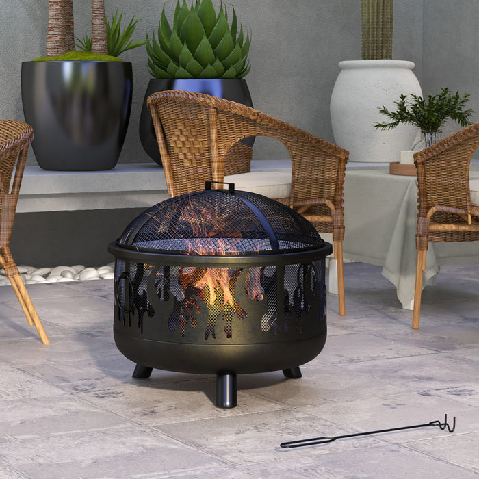 Outsunny 24\" Round Outdoor Fire Pit 2-in-1 Firepit Bowl W/ Lid, Grill
