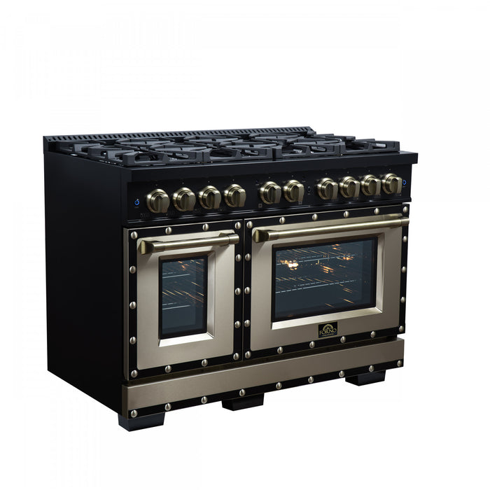 Forno Ambassador 48\" Gas Range in Black, 8 Sealed Burners, 6.7 Cu.Ft. Ovens - FFSGS6299-48CPBLK