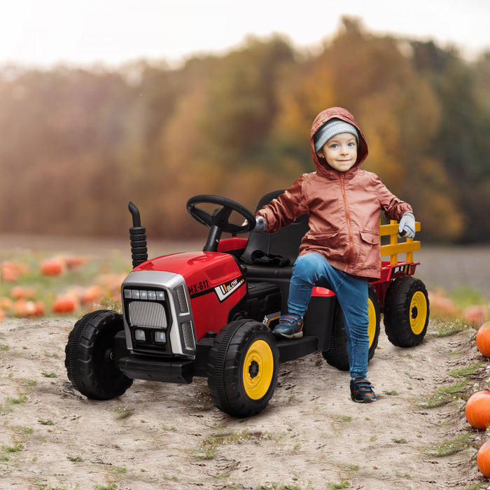 Aosom 12v Kids Powered Ride-On Tractor With Trailer, Battery Powered Electric Tractor With Remote Control, Music Start Up Sound And Horn, Usb, Led Lights, Red
