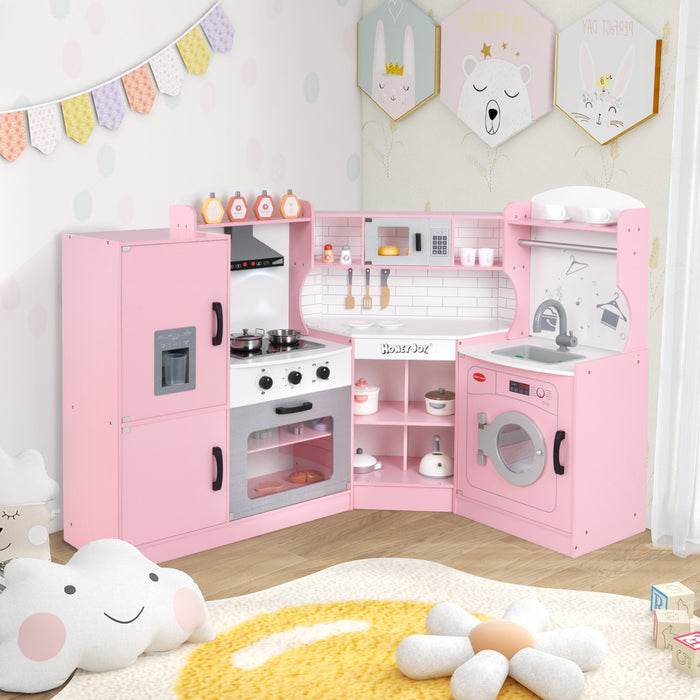 Honeyjou Corner Play Kitchen Toddler Kitchen Playset With Range Hood, Ice Maker, Microwave Pink