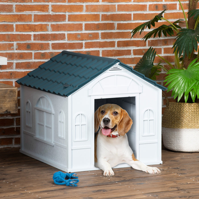Pawhut 26\" Plastic Dog House Outdoor, Waterproof Dog Kennel With Air Vents, Pet Shelter For Small Medium Dogs, Blue