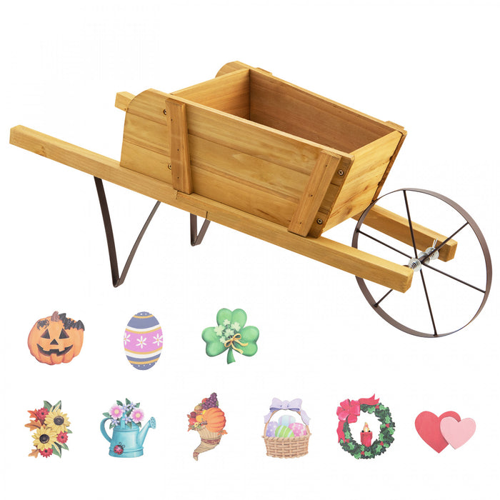 Costway Wooden Wagon Planter Decorative Indoor/outdoor Rustic Flower Cart With Wheel Beige