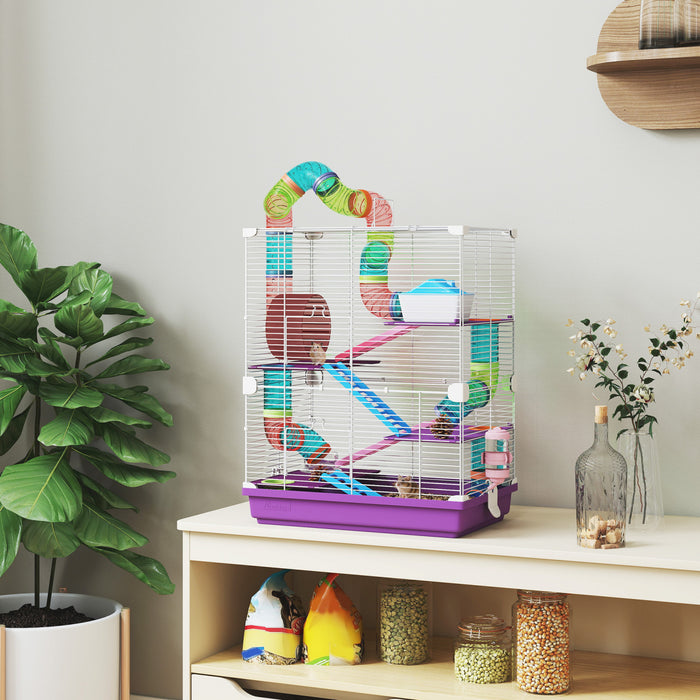 PawHut 5 Tiers Hamster Cage Portable Animal Travel Carrier Habitat with Exercise Wheels Play Tube Water Bottle Dishes House Ladder for Gerbils, Purple