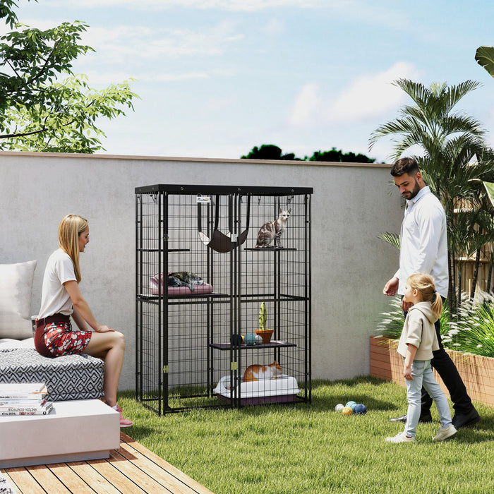 Pawhut Catio Outdoor Cat Enclosure, Weld Wire Outdoor Cat House With Waterproof Cover, 4 Jumping Platforms, Hammock, Cat Cage Indoor For 1-3 Kittens, 46.5\" X 22\" X 62\", Black