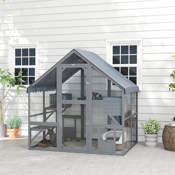 Pawhut Catio Outdoor Cat Enclosure, Large Kitten House With Waterproof Cover, 2 Resting Boxes, 4 Platforms, Bridge, Wooden Cat Cage Outdoor For 2-4 Kittens, 73\" X 55\" X 74\", Grey
