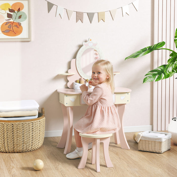 Qaba Kids Vanity Set, Girls Vanity Set with Mirror and Stool, 7 Pcs Make-up Accessories, Drawers, Desktop Storage, 2 in 1 Toddler Dressing Table and Chairs, Pretend Play, Pink