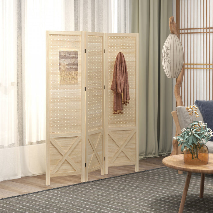 HOMCOM 4.7' 3 Panel Room Divider with Pegboard Display for Indoor