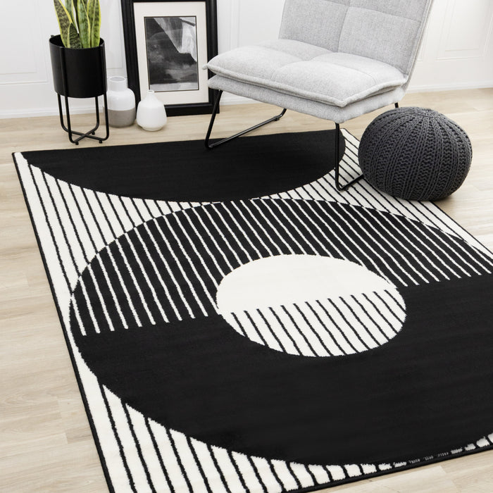 Florence Black White Stripes and Hollow Circle Modern Design, 4'7\" x 6'7\" Indoor Area Rug