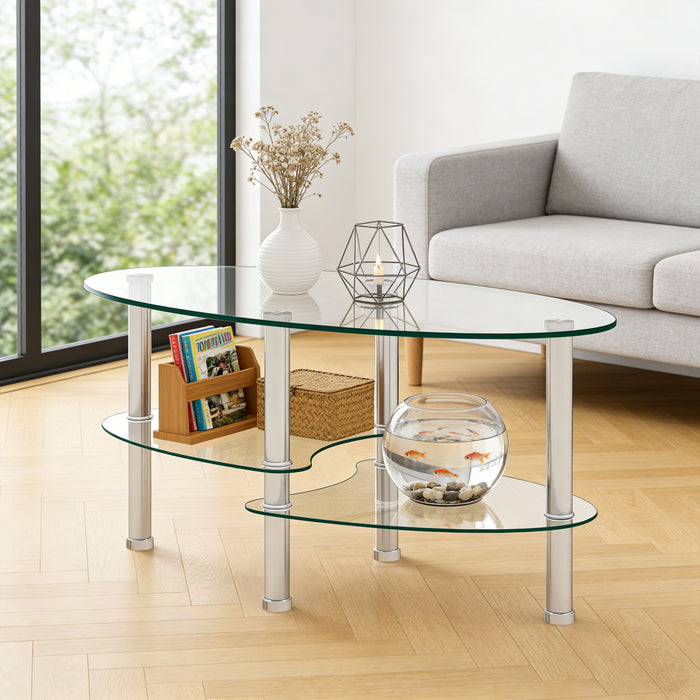 Sophia Modern Transparent Oval Glass Coffee Table with Stainless Steel Legs,Transparent