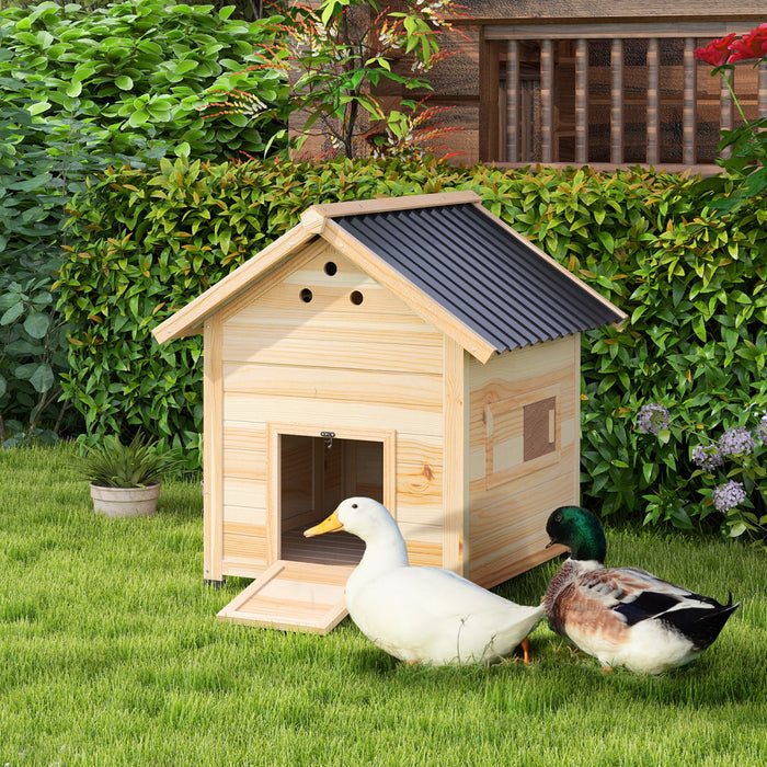 PawHut Duck House, Outdoor Chicken Coop, Wooden Duck Coop with Openable Roof, Double Doors, Removable Base for 1–3 Breeds for Indoor Outdoor Use, 31\"L, Natural Wood