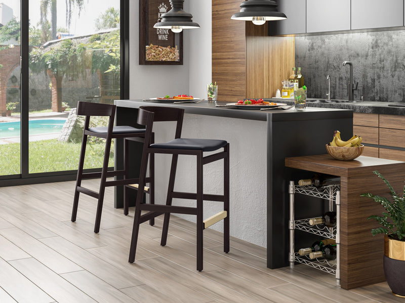 Klismos Mid-Century Modern Wood Upholstered Counter Stool in Black - Set of 2