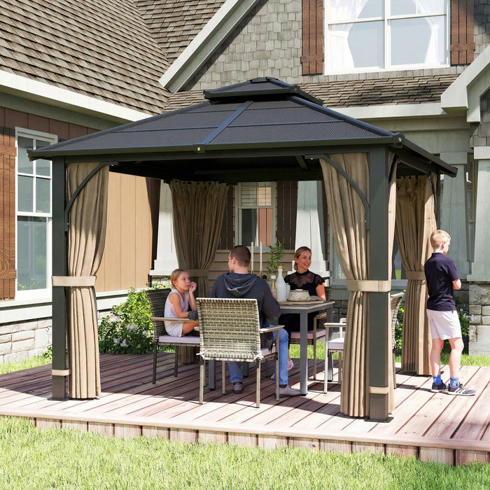 Outsunny 10' x 10' Hardtop Polycarbonate Gazebo with Curtains, Khaki
