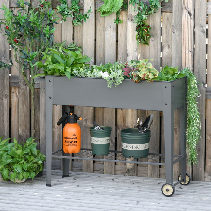 Outsunny 41\" X 15\" X 32\" Elevated Planter Box With Legs Raised Garden Bed Elevated With 2 Wheels, Bottom Shelf For Storing Tools, & Water Drainage Hole, Grey