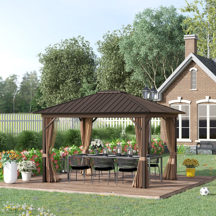 Outsunny 10' X 12' Patio Gazebo Outdoor Hardtop Gazebo With Aluminum Frame, Mesh Nettings, Curtains And Roomy Interior Space, Brown