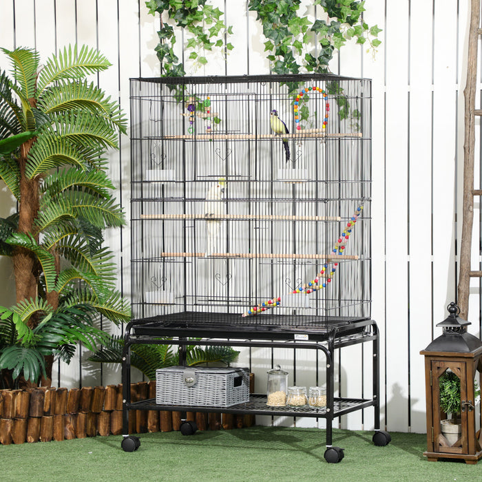 Pawhut Bird Cage With Rolling Stand, Toys, For Budgies Canaries Finches Lovebirds Parakeets, Parrot Cage With Accessories, Storage Shelf, Black