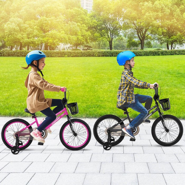 Costway 18\" Kid's Bike With Training Wheels Adjustable Handlebar & Seat Handbrake Pink
