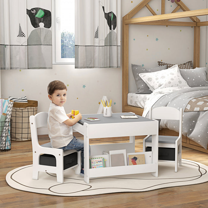 Qaba 3 Piece Kids Table And Chair Set, 2 In 1 Toddler Table And Chair Set With Reversible Tabletop, Blackboard, Storage, Bookshelves, For Playroom, Nursery, Classroom, Grey