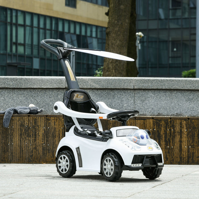 Qaba Push Car, 3 In 1 Kids Ride On Car Toddler Sliding Car With Music, Light, Foot To Floor Baby Car With Handle, Removable Canopy, Safety Guardrail, Horn, White