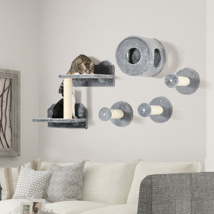 Pawhut 5pcs Cat Wall Shelves, Cat Wall Shelves And Perches For Wall With Condo, Cushion, Scratching Post, Jumping Platform For Sleeping, Playing, Climbing, And Lounging Grey