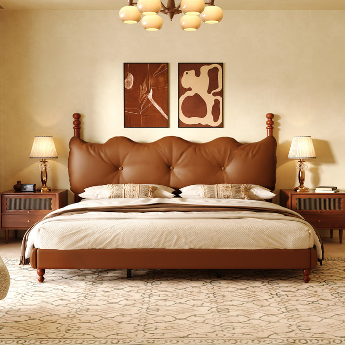 Emma Faux Leather Platform Bed Frame with Headboard,Queen Size,Brown Queen Bed