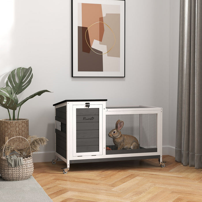 Pawhut Wooden Rabbit Hutch, Indoor Outdoor Guinea Pig Cage With Pull-out Tray, Asphalt Openable Roof, Small Animal Cage On Wheels With Run, Dark Grey