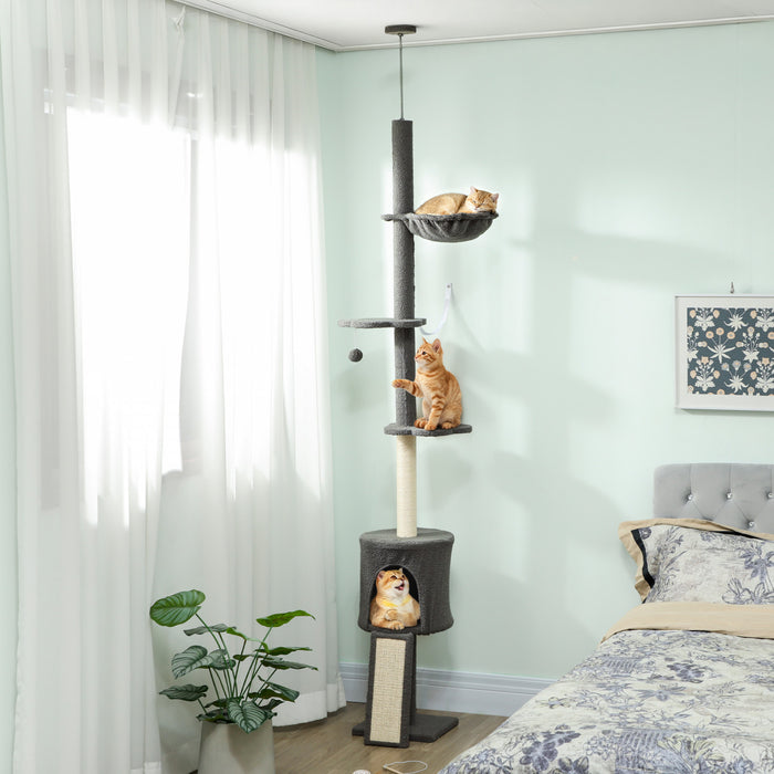 PawHut Floor to Ceiling Cat Tree, 5-Tier Cat Tower Adjustable Height 87\"-94.5\" with Sisal Scratching Post, Condo, Hammock, Ramp, Climbing Activity Center for Indoor, Dark Grey