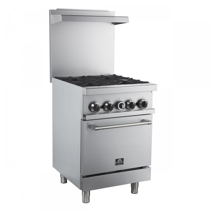 FORNO Commerciale 24 Inch Stainless Steel Gas Range, 4 Burners, 120,000 BTU Total - FCMGR0093-24