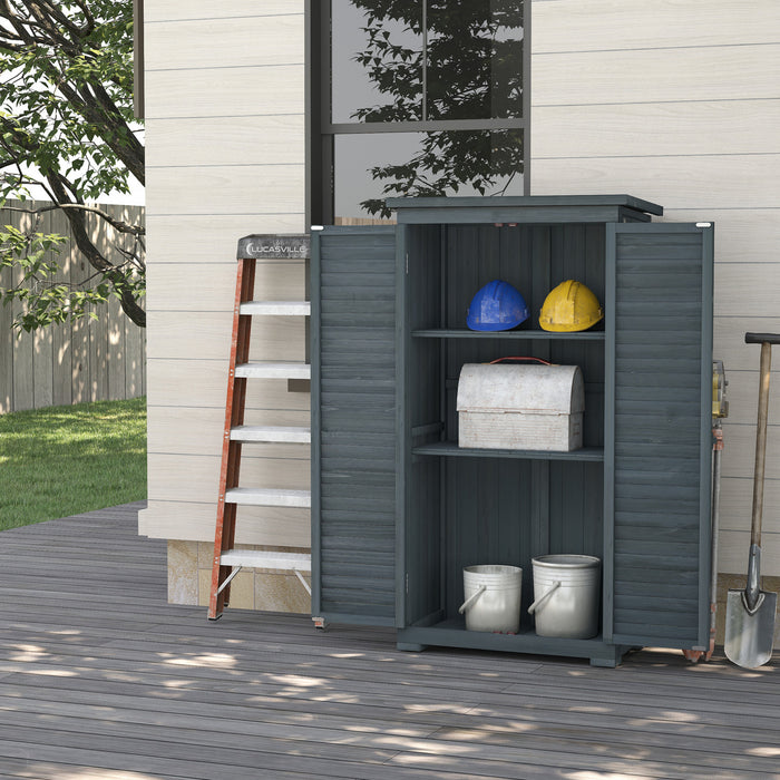 Outsunny Wooden Garden Shed, Compact Outdoor Storage Shed, 3-tier Shelves Tool Organizer With Asphalt Roof And Shutter Doors, 34.3\" X 18.3\" X 63\", Grey