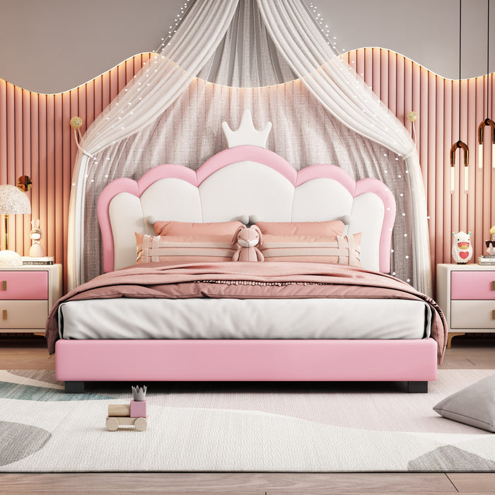 Judson Upholstered Princess Bed With Crown Headboard And Pu Platform Frame,full Size,pink Full Bed