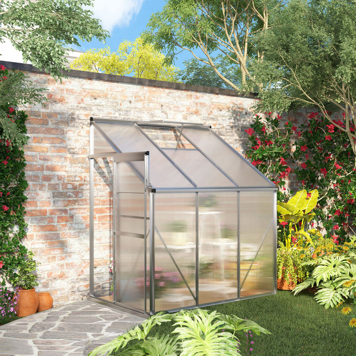 Outsunny 6' X 4' X 7' Lean-to Polycarbonate Greenhouse With Sliding Door And Roof Vent, Walk-in Garden Green House With Aluminium Frame For Plants Herbs Vegetables, Silver