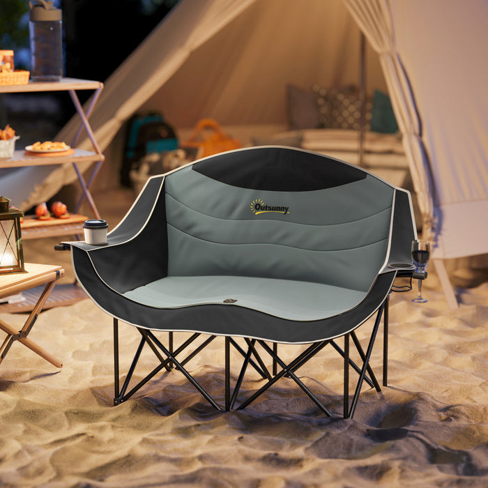 Outsunny Double Camping Chair, Padded Camp Chair w/ Cup Holders, Black