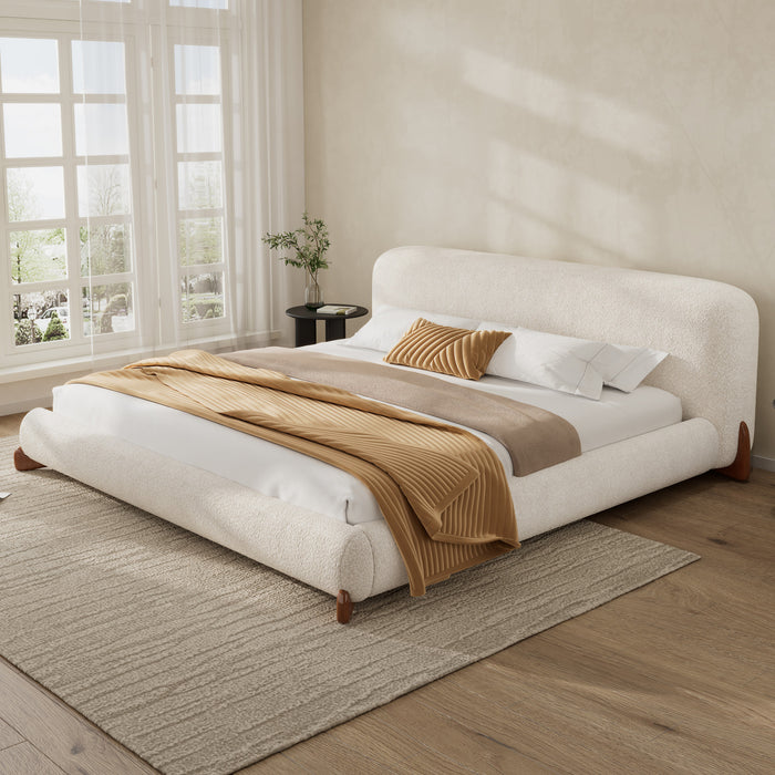 Emma Low Profile Platform Bed Frame with Curved Headboard and Boucle Upholstery, King Size,Cream White King Bed