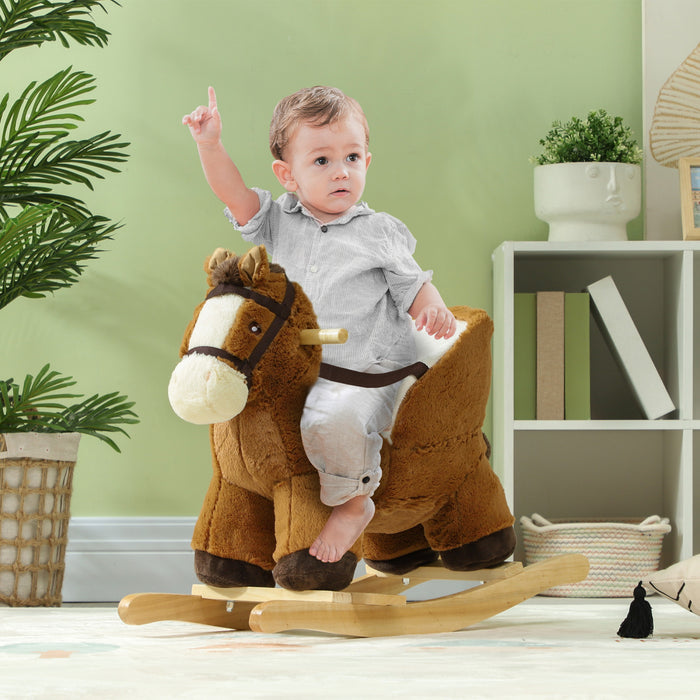 Qaba Baby Rocking Horse, Plush Animal Rocker For Toddlers Aged 18-36 Months, Stuffed Ride Toy With Sounds, Seat Belt, Brown