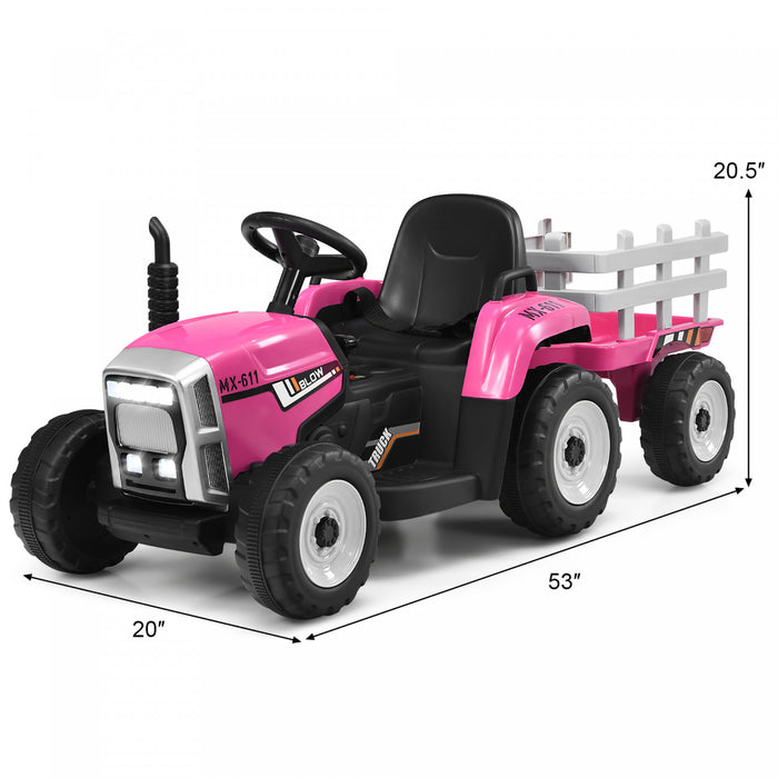 Costway 12v Kids Ride On Tractor With Trailer Ground Loader W/ Rc & Lights Pink