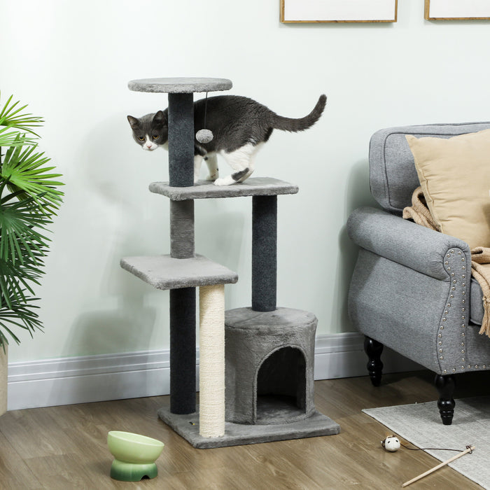 PawHut 41\"H Large Cat Tree for Indoor Kittens and Adults, Cat Tower Multi-Level with Sisal Scratching Post, House, Jumping Platforms, Toy Ball, Grey