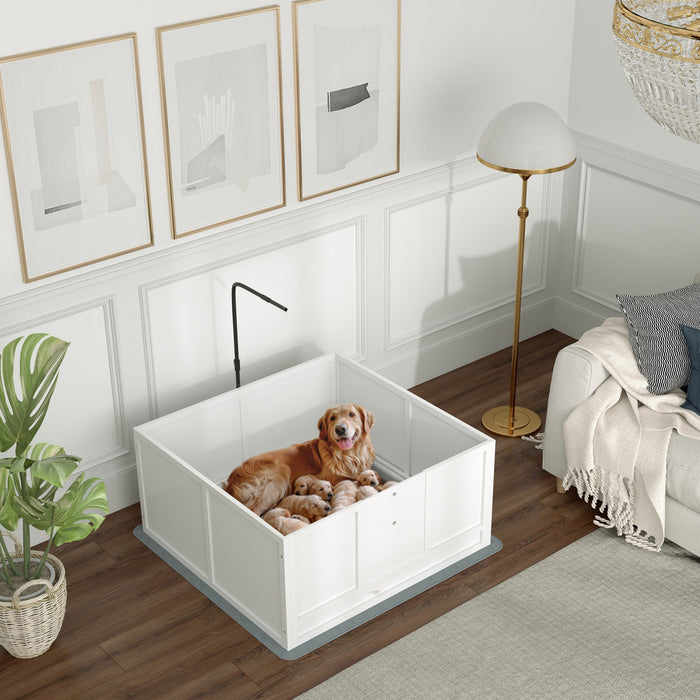 Pawhut Whelping Box For Dogs, Puppy Playpen With Retractable Light Stand, Waterproof Pad, Rail, Adjustable Height Door For Small, Medium & Large Breed Dogs, 41\" X 39\"