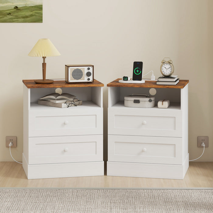 HOMCOM Nightstand with Charging Station Set of 2, White and Oak