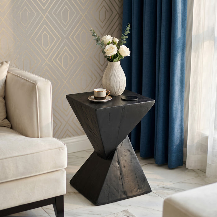 Zane 18\" MGO Geometric Twisted Accent Table, Unique Wood Grain Indoor Side Table, Black