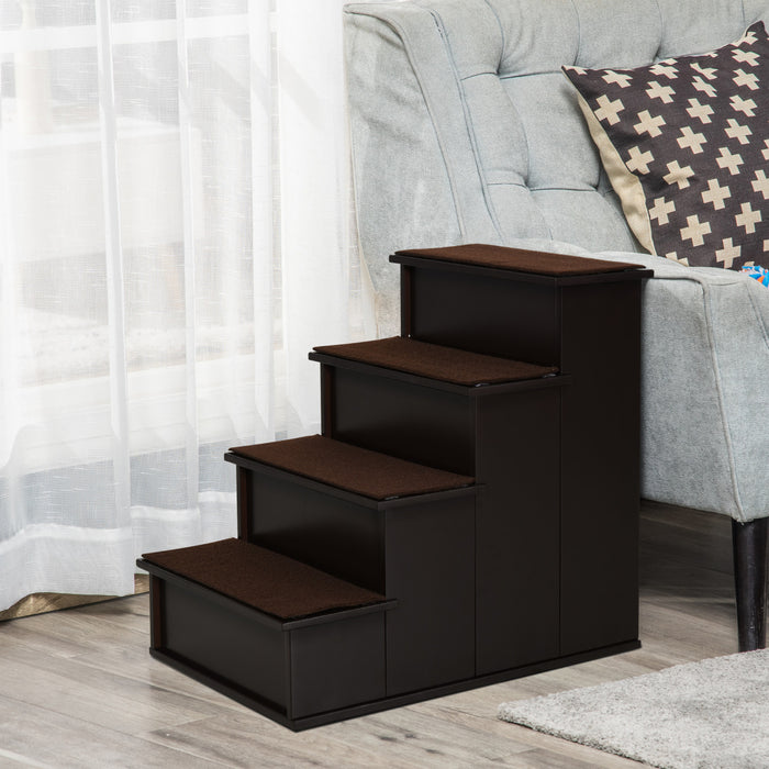 Pawhut 4 Levels Wooden Dog Steps Pet Stairs For High Bed, Cat Ladder For Bed Couch With Non-slip Carpet, Dark Coffee